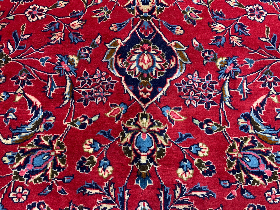 9’6” × 13’11” Hand-Knotted Wool Persian Rug – Red with Navy Border & Central Medallion