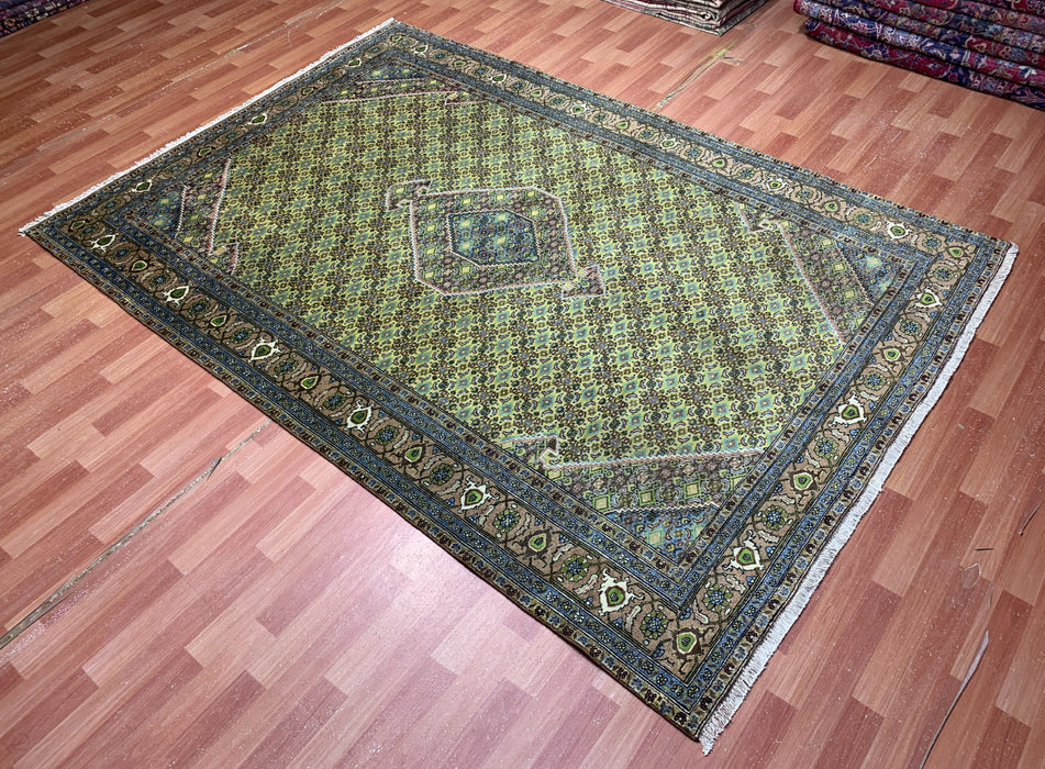 6’6” × 9’4” Hand-Knotted Wool Rug – Olive Green with Blue & Taupe Accents