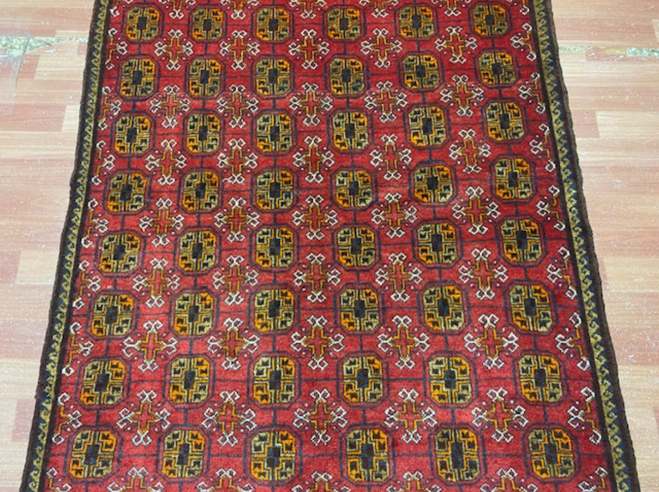 4’0” x 5’4” Hand-Knotted Turkoman Wool Rug – Classic Red Field with Gul Motifs