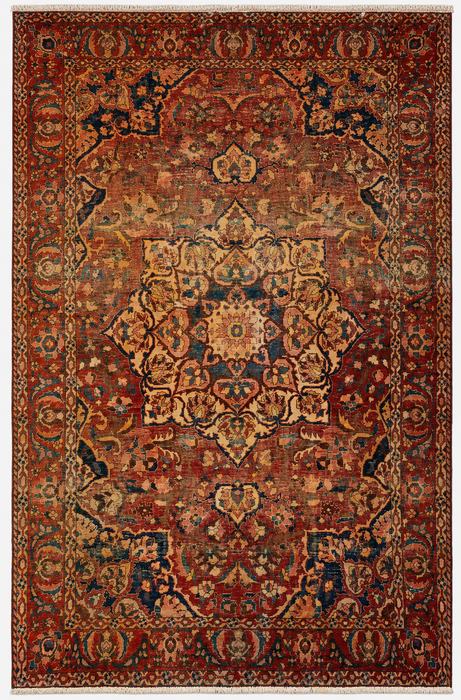 Handmade Persian Wool Area Rug 7x10 - Rust, Ivory & Blue Vintage Medallion Persian Style Rug - Exact Size 10'4" x 6'10" - KBHM-1105