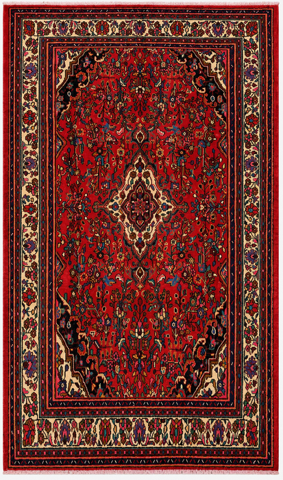 Handmade Persian Wool Area Rug 7x10 - Red, Ivory & Navy Traditional Floral Medallion Persian Style Rug - Exact Size 9'10" x 7'1" - KBHM-1094
