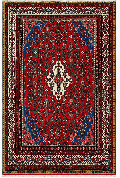 Handmade Persian Wool Area Rug 7x10 - Red, Blue & Ivory Traditional Medallion Persian Style Rug - Exact Size 10'0" x 6'11" - KBHM-1093