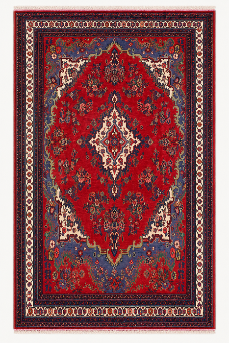 Handmade Persian Wool Area Rug 7x10 - Red & Navy Floral Medallion Persian Style Rug - Exact Size 9'10" x 6'10" - KBHM-1152
