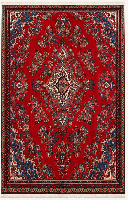 Handmade Persian Wool Area Rug 7x10 - Red, Blue & Ivory Traditional Floral Persian Style Rug - Exact Size 10'2" x 7'0" - KBHM-1149