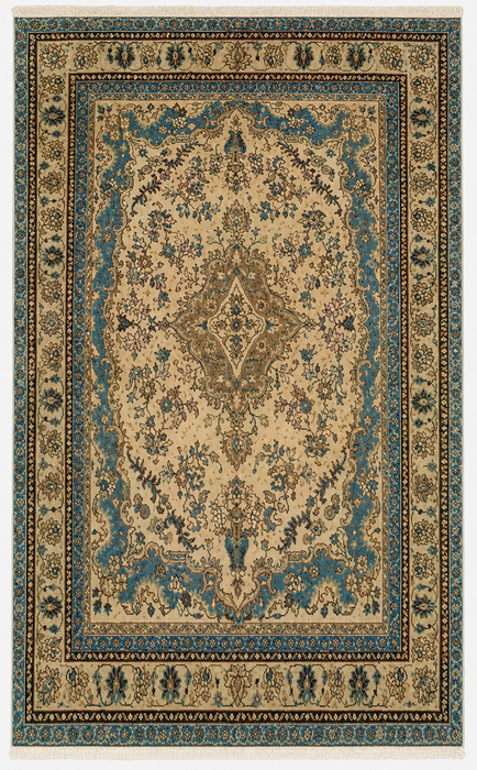 Handmade Persian Wool Area Rug 7x10 - Ivory & Blue Traditional Floral Medallion Persian Style Rug - Exact Size 10'2" x 6'6" - KBHM-1088