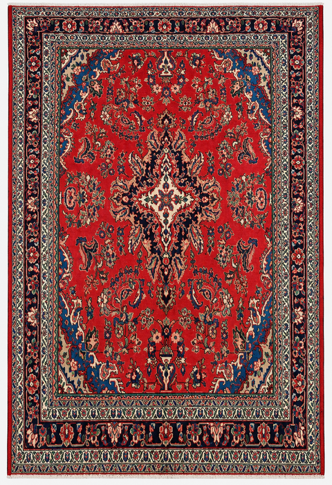 Handmade Persian Wool Area Rug 7x10 - Red, Blue & Ivory Traditional Floral Medallion Persian Style Rug - Exact Size 10'3" x 7'2" - KBHM-1087