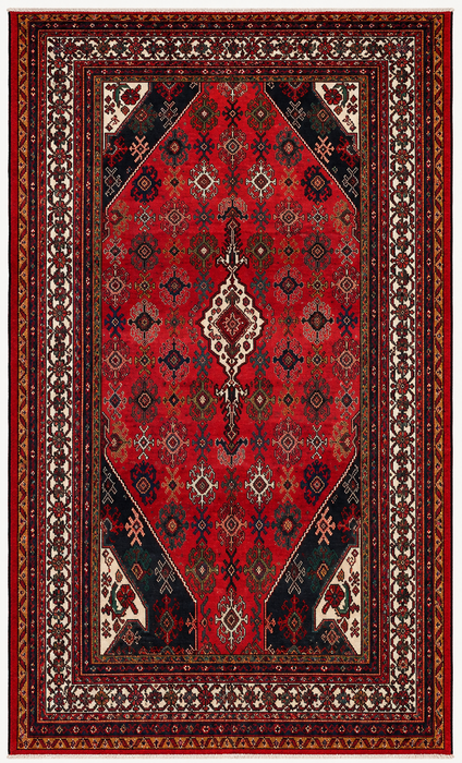 Handmade Persian Wool Area Rug 7x10 - Red, Ivory & Navy Traditional Geometric Medallion Persian Style Rug - Exact Size 10'3" x 7'4" - KBHM-1044