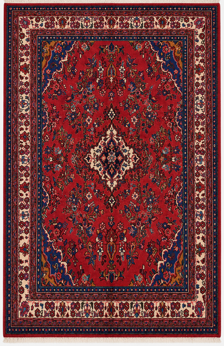 Handmade Persian Wool Area Rug 7x10 - Red, Navy & Ivory Traditional Medallion Persian Style Rug - Exact Size 10'1" x 6'10" - KBHM-1042