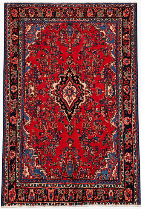 Handmade Persian Wool Area Rug 7x10 - Red, Navy & Ivory Traditional Medallion Persian Style Rug - Exact Size 9'7" x 6'4" - KBHM-1036