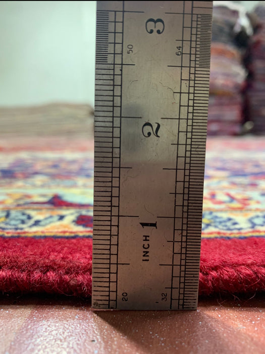 9’6” × 13’10” Hand-Knotted Persian Wool Rug – Red Field with Navy & Ivory Floral Border