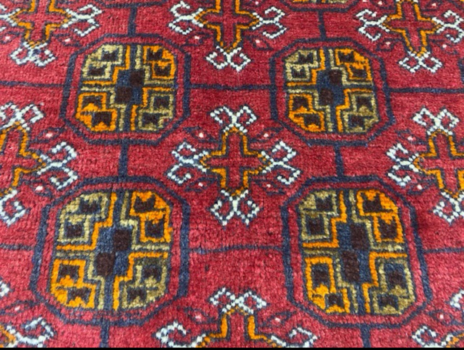 4’0” x 5’4” Hand-Knotted Turkoman Wool Rug – Classic Red Field with Gul Motifs