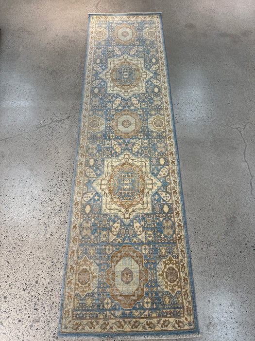 2'8" x 9'10" Hand-Knotted Chobi Mamluk Wool Runner Rug - Blue/Ivory/Multi