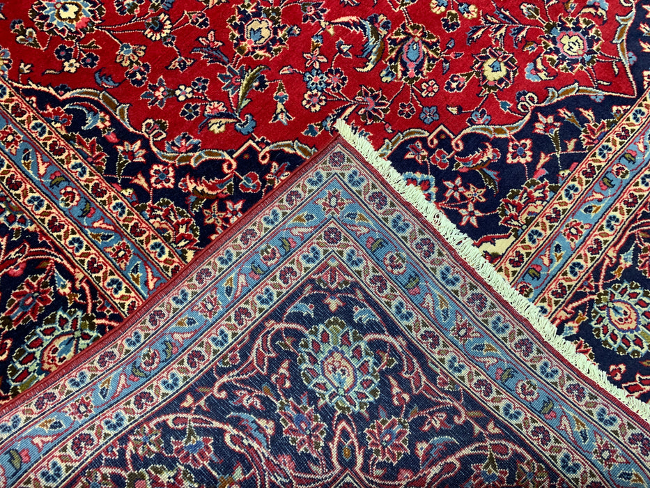 9’6” × 13’11” Hand-Knotted Wool Persian Rug – Red with Navy Border & Central Medallion