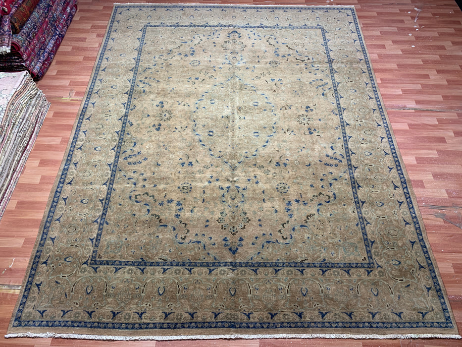 9’8” × 12’6” Hand-Knotted Wool Rug – Camel Brown Field with Navy & Taupe Floral Border