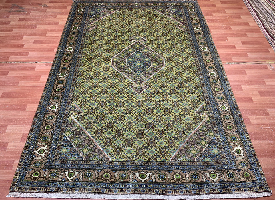 6’6” × 9’4” Hand-Knotted Wool Rug – Olive Green with Blue & Taupe Accents