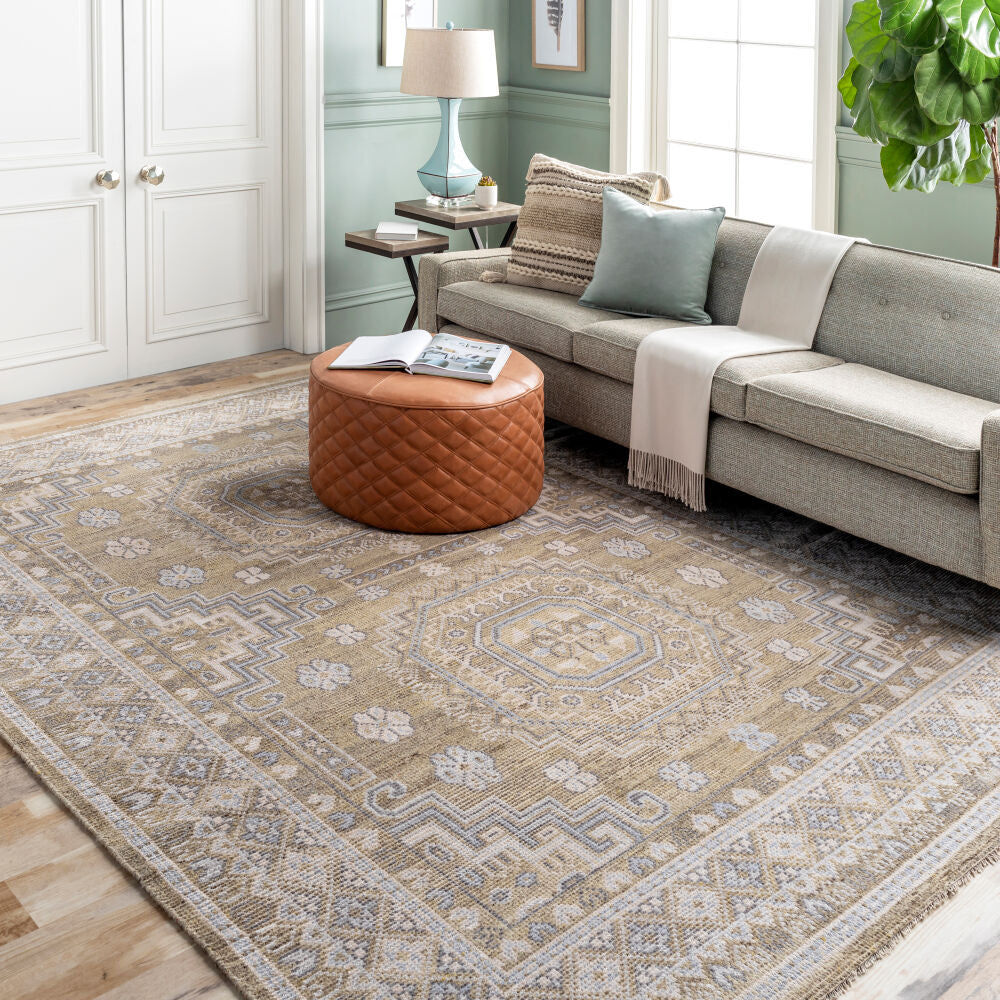Almeria Hand Knotted Rug — Mustard / Pale Blue | ALM-2301 - colour & pattern