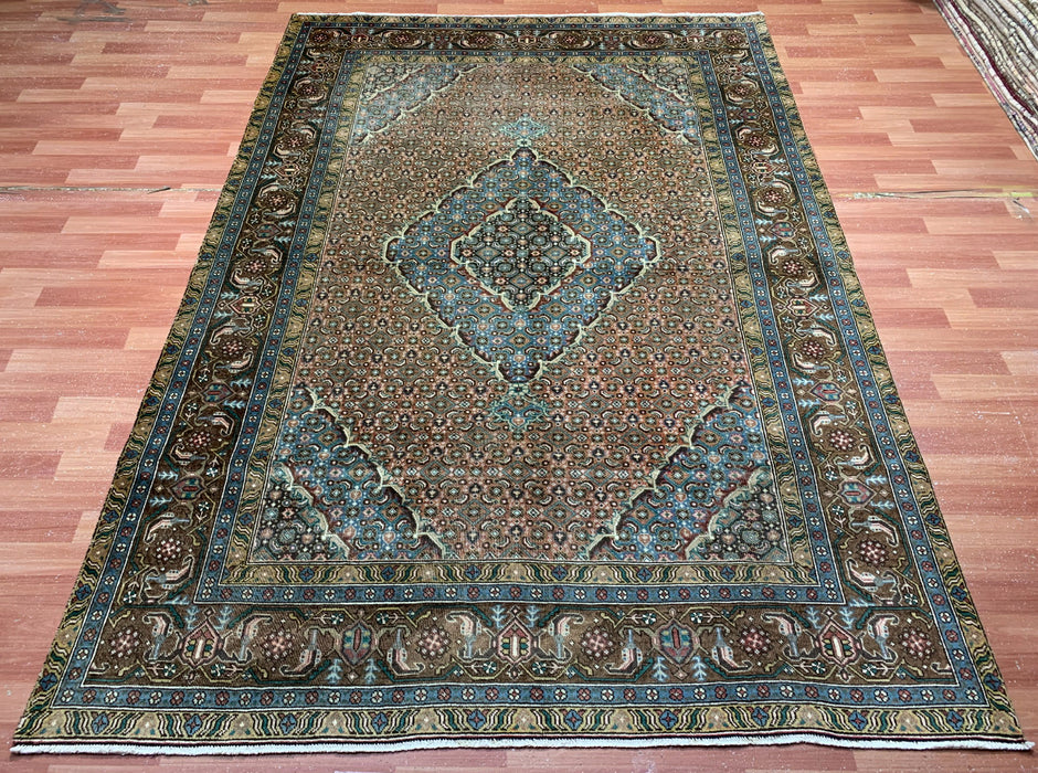 6’5” x 9’2” Hand-Knotted Persian Wool Rug – Brown & Teal Medallion Design