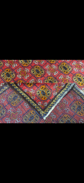 4’0” x 5’4” Hand-Knotted Turkoman Wool Rug – Classic Red Field with Gul Motifs