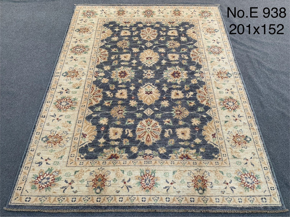 4’9 x 6’5 Afghan Chobi Wool Rug – Slate Blue & Ivory Floral