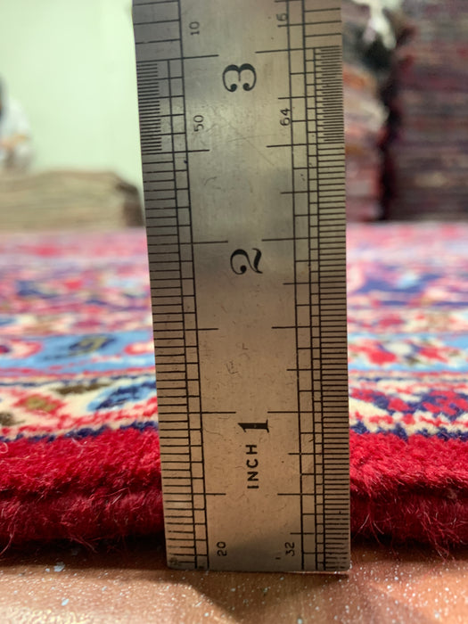 9’6” × 13’11” Hand-Knotted Wool Persian Rug – Red with Navy Border & Central Medallion