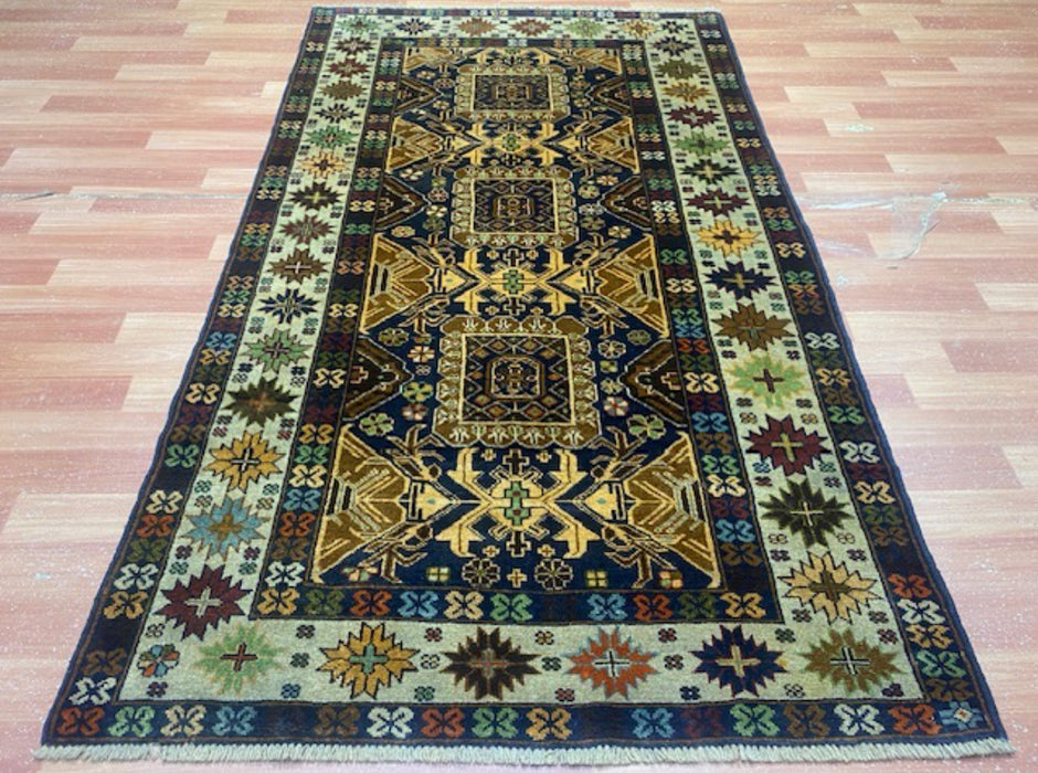 3’11” x 6’8” Hand-Knotted Caucasian Wool Runner – Deep Indigo & Earth Tones