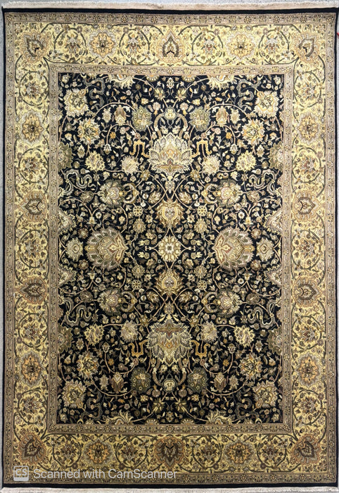 8’x10’ Hand-Knotted Persian-Style (Indo-Persian) Wool Area Rug- Black/Beige