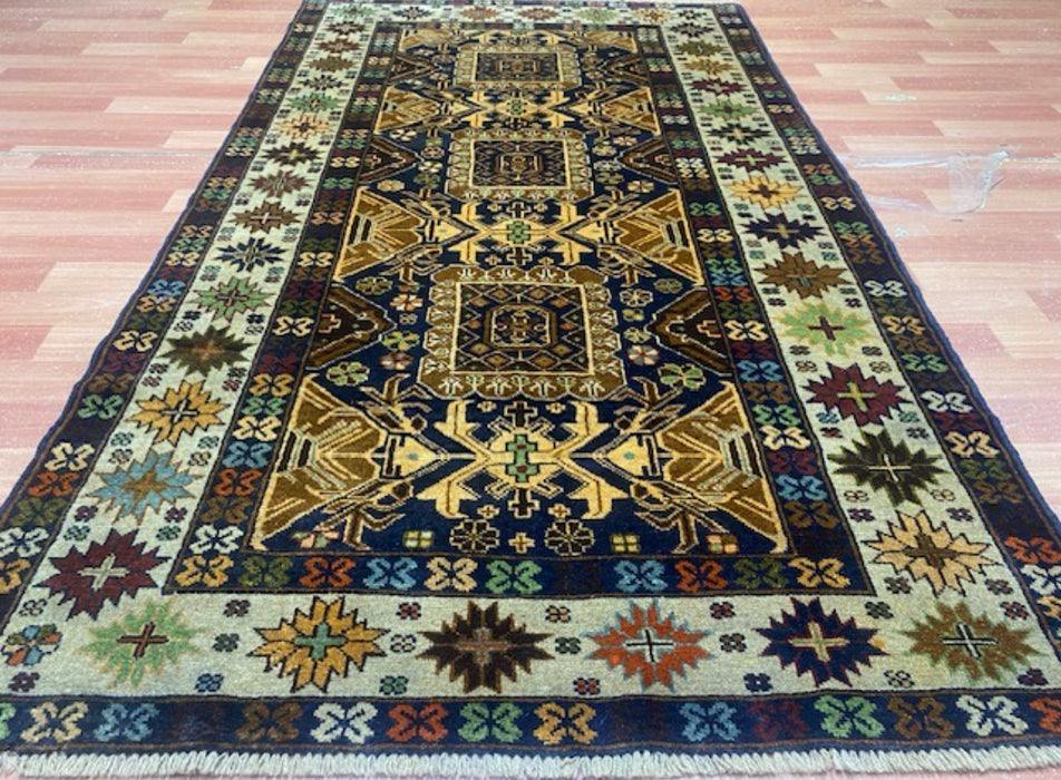 3’11” x 6’8” Hand-Knotted Caucasian Wool Runner – Deep Indigo & Earth Tones