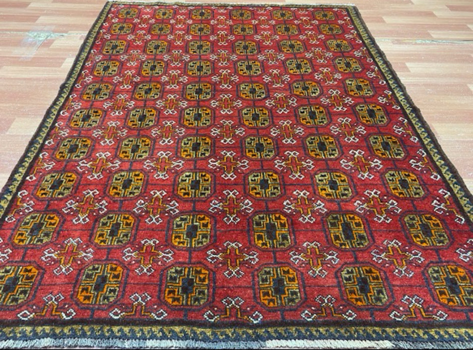 4’0” x 5’4” Hand-Knotted Turkoman Wool Rug – Classic Red Field with Gul Motifs