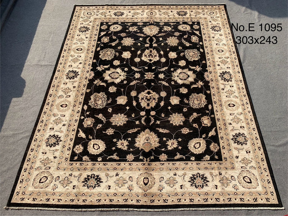 7’11 x 9’11 Hand-Knotted Chobi Rug – Black with Beige Floral Border