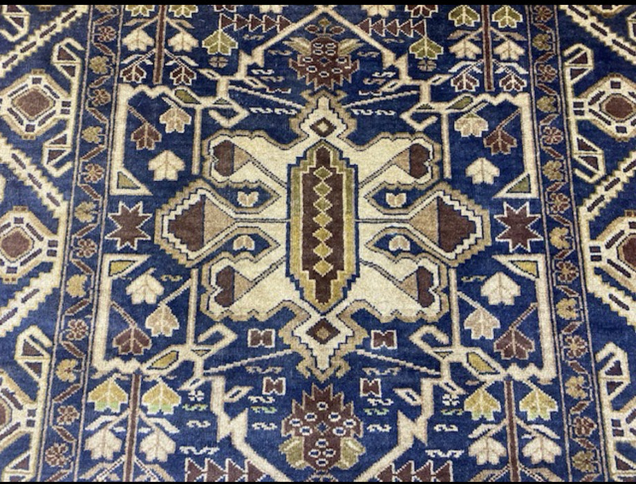 3’9” x 6’8” Hand-Knotted Tribal Wool Rug – Navy & Beige Geometric Pattern