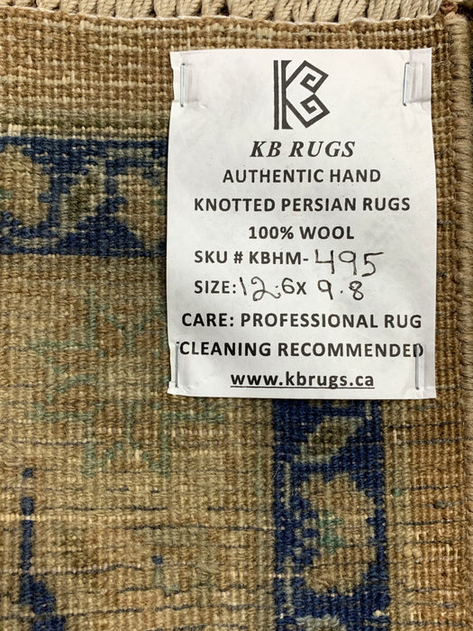 9’8” × 12’6” Hand-Knotted Wool Rug – Camel Brown Field with Navy & Taupe Floral Border