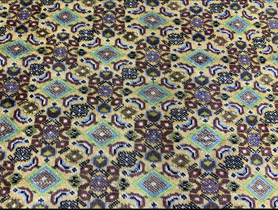 6’6” × 9’4” Hand-Knotted Wool Rug – Olive Green with Blue & Taupe Accents