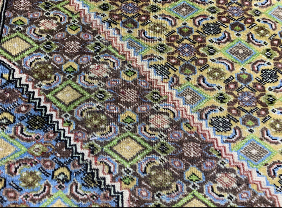 6’6” × 9’4” Hand-Knotted Wool Rug – Olive Green with Blue & Taupe Accents