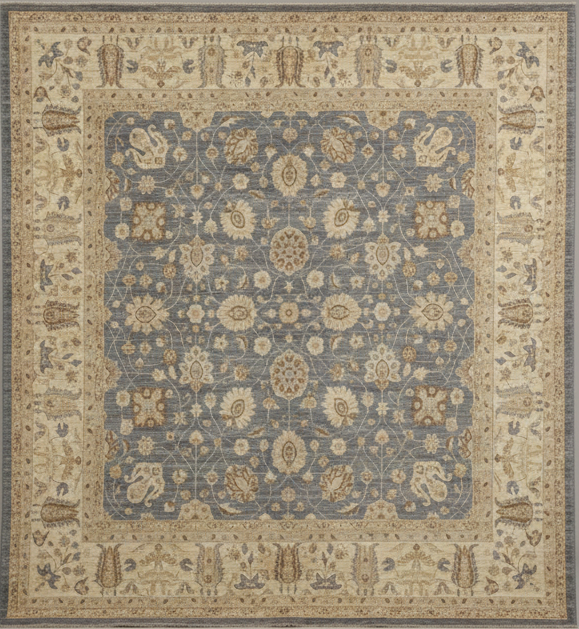 Hand-Knotted Chobi Wool Square Rug – Blue / Beige Floral – 9'5" x 9'7"