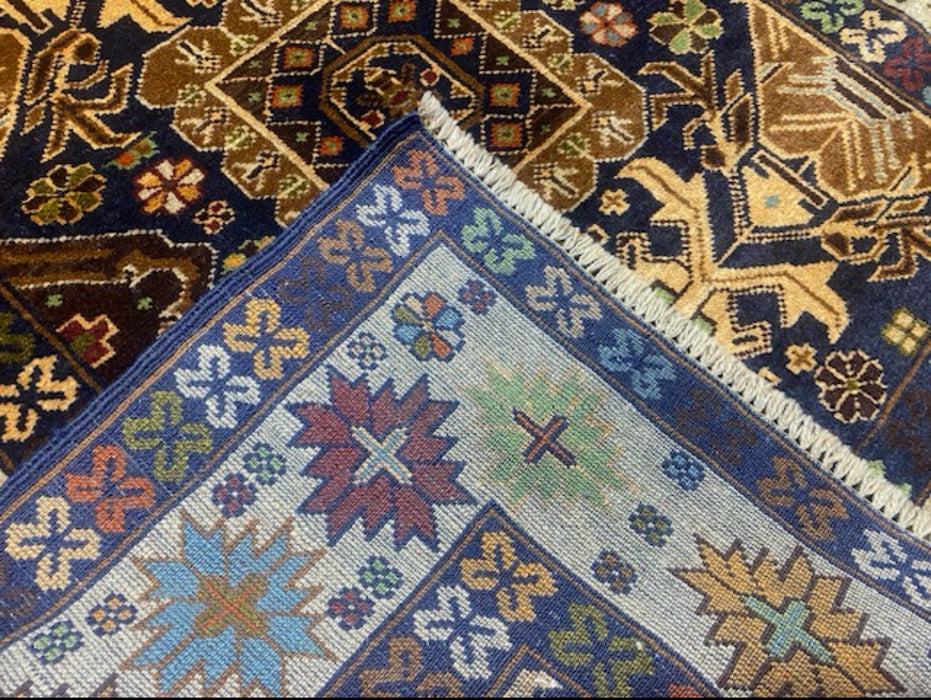 3’11” x 6’8” Hand-Knotted Caucasian Wool Runner – Deep Indigo & Earth Tones