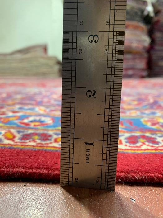 9’8” × 12’11” Hand-Knotted Wool Rug – Red with Navy & Light Blue Floral Medallion Design