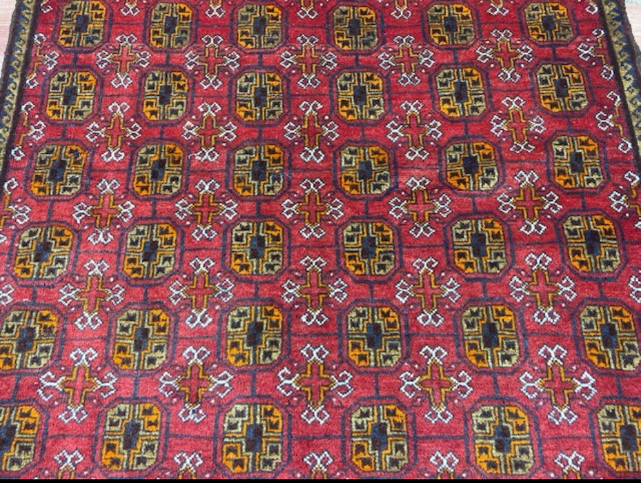 4’0” x 5’4” Hand-Knotted Turkoman Wool Rug – Classic Red Field with Gul Motifs