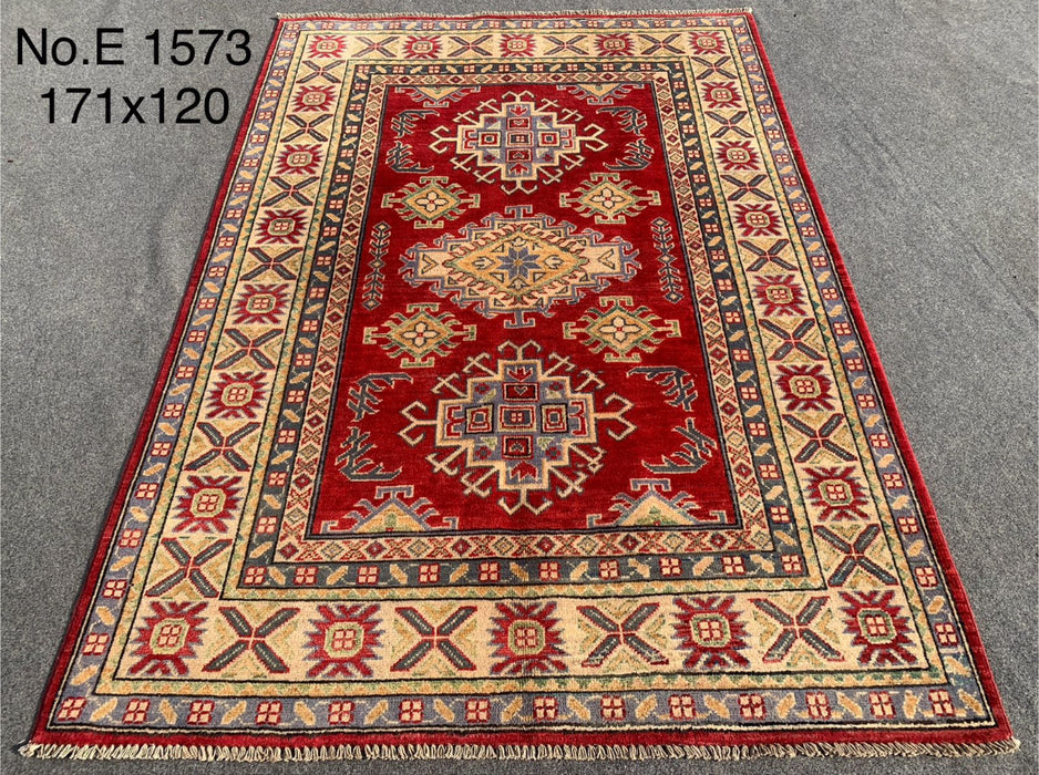 4’0” x 5’7” Hand-Knotted Kazak Wool Rug – Bold Red Geometric Design