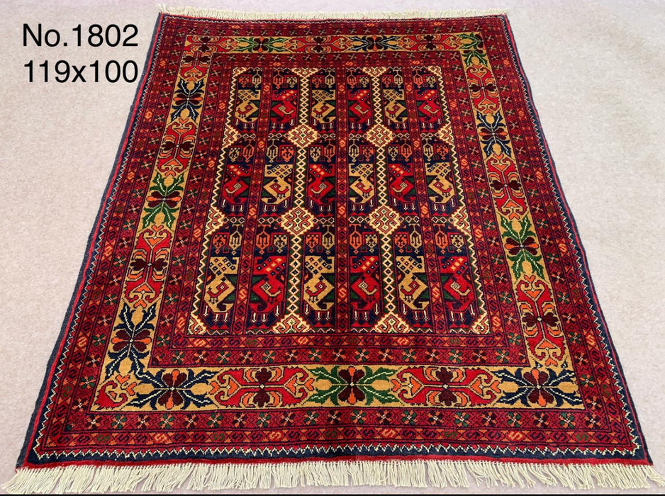 3’3” x 3’11” Hand-Knotted Tribal Wool Rug – Red & Multicolor Geometric Design