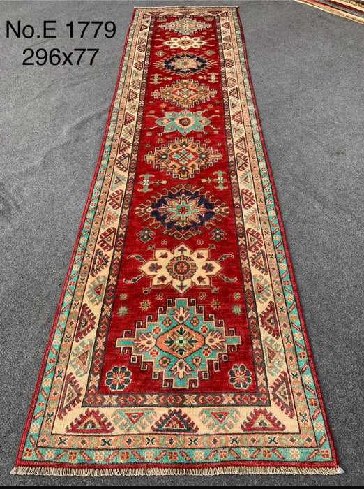 2’6” x 9’9” Hand-Knotted Caucasian Wool Runner – Red & Teal Geometric Design