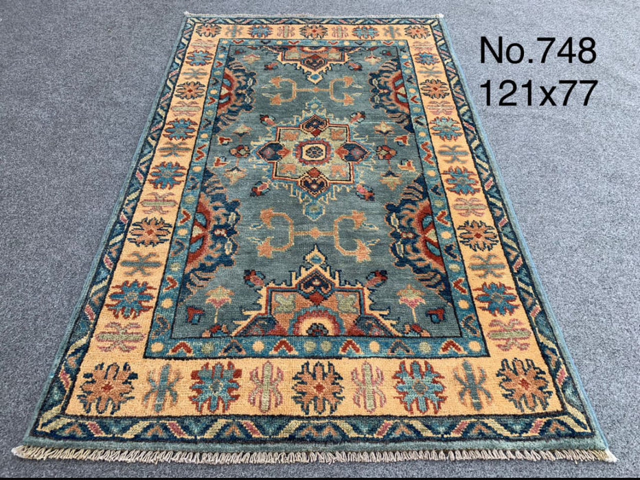 2’6” x3’11” Hand-Knotted Tribal Wool Rug – Teal & Gold Border
