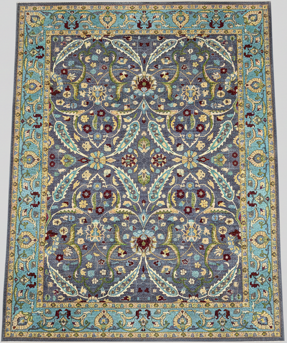 12'x15' Hand-Knotted Chobi Wool Rug – Slate Blue & Aqua Border