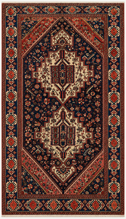 Handmade Persian Wool Area Rug 7x10 - Navy, Ivory & Red Tribal Medallion Persian Style Rug - Exact Size 9'6" x 6'3" - KBHM-809