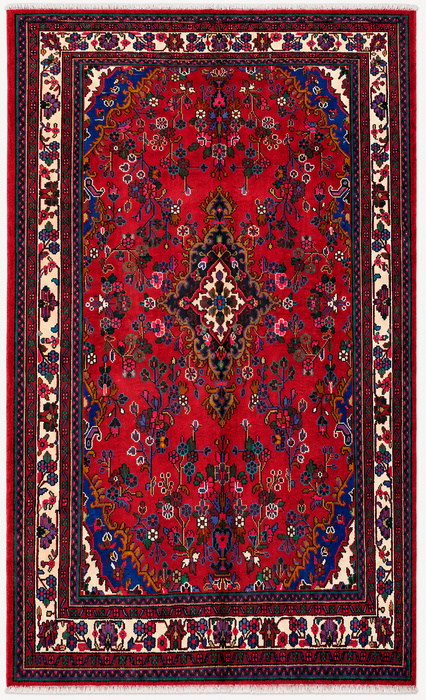 Handmade Persian Wool Area Rug 7x10 - Red, Ivory & Blue Floral Medallion Persian Style Rug - Exact Size 9'11" x 6'11" - KBHM-805