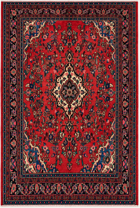 Handmade Persian Wool Area Rug 7x10 - Red, Navy & Ivory Floral Medallion Persian Style Rug - Exact Size 9'10" x 6'11" - KBHM-774