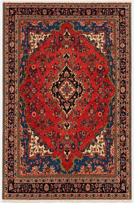 Handmade Persian Wool Area Rug 7x10 - Red, Blue & Ivory Floral Medallion Persian Style Rug - Exact Size 10'3" x 6'9" - KBHM-767