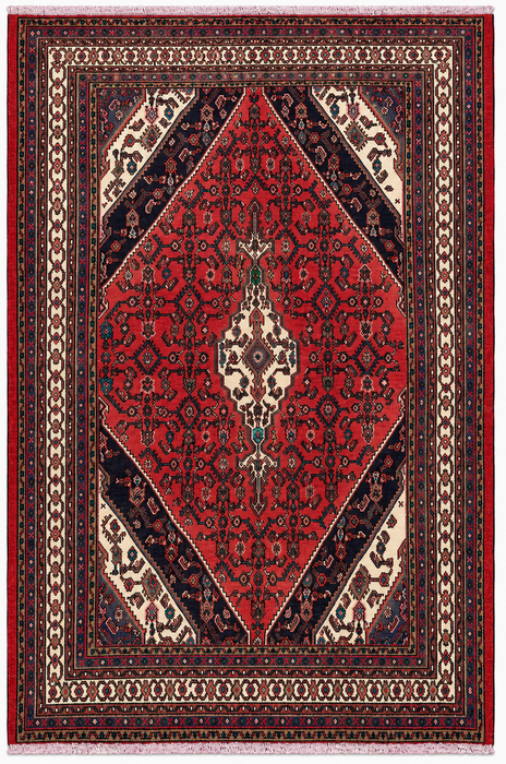 Handmade Persian Wool Area Rug 7x10 - Red, Navy & Ivory Geometric Medallion Persian Style Rug - Exact Size 9'3" x 6'11" - KBHM-747