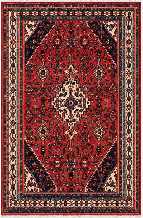 Handmade Persian Wool Area Rug 7x10 - Red, Navy & Ivory Medallion Persian Style Rug - Exact Size 9'10" x 6'8" - KBHM-745
