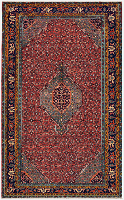 Handmade Persian Wool Area Rug 7x10 - Red, Blue & Ivory Vintage Medallion Persian Style Rug - Exact Size 9'5" x 6'3" - KBHM-733