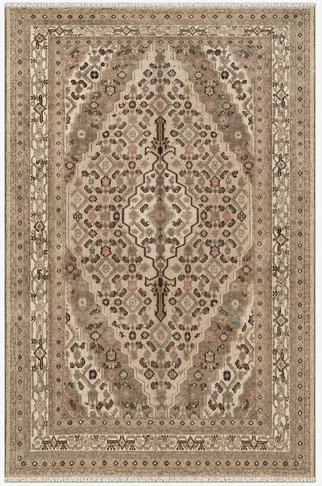 Handmade Persian Wool Area Rug 7x10 - Beige, Taupe & Soft Pink Vintage Medallion Persian Style Rug - Exact Size 9'9" x 6'9" - KBHM-725